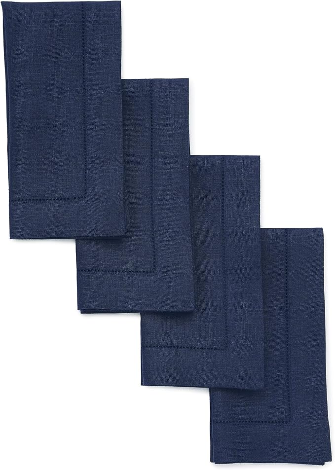 Solino Home Navy Blue Linen Napkins Set of 4-100% Pure Linen Hemstitch Dinner Napkins 20 x 20 Inch for Fall, Autumn, Christmas, Holiday, Winter, New Year - Classic Hemstitch