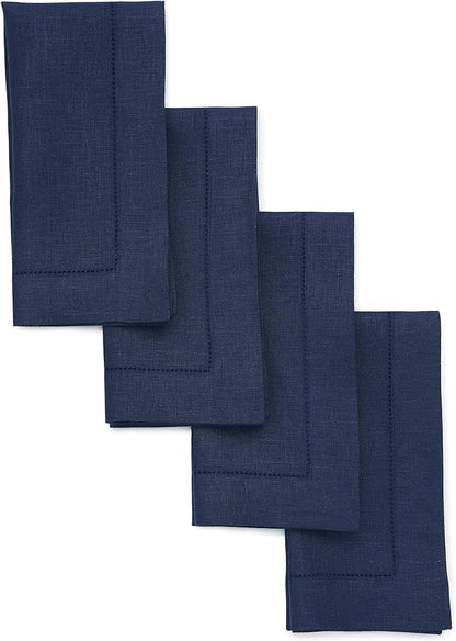 Solino Home Navy Blue Linen Napkins Set of 4-100% Pure Linen Hemstitch Dinner Napkins 20 x 20 Inch for Fall, Autumn, Christmas, Holiday, Winter, New Year - Classic Hemstitch