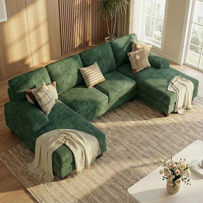 Homall Modular Sectional U Shaped Sofa Couches for Living Room, Comfy Chenille 4 Seat Sofa Set with Removable Pillows, Lounge Chaise Upholstered Couch for Apartment (Chenille, Green)