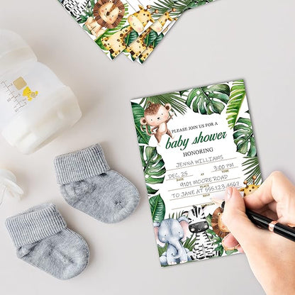 25 Safari Animals Baby Shower Invitation Cards With Envelopes (4" x 6"), Woodland Baby Gender Reveal Party Invites For Adults Kids - Gender Neutral Baby Shower Party Decorations Supplies(YQK-B25)