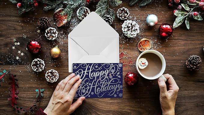 Better Office Products 50 Pack Happy Holidays Cards with Silver Foil Accents, 5" x 7", High Gloss, Interior Greeting, with 50 Envelopes, Christmas Cards, New Years Cards, 50 Count Boxed Set
