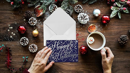 Better Office Products 50 Pack Happy Holidays Cards with Silver Foil Accents, 5" x 7", High Gloss, Interior Greeting, with 50 Envelopes, Christmas Cards, New Years Cards, 50 Count Boxed Set