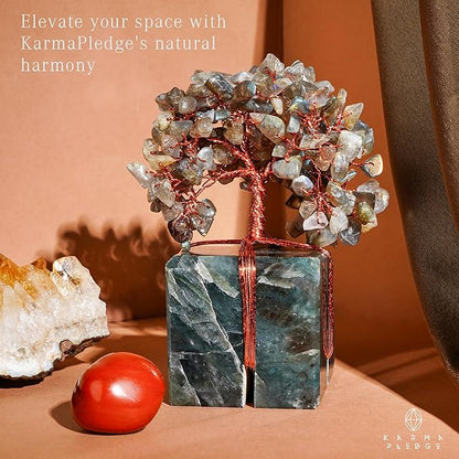 KARMAPLEDGE Crystal Tree of Life Feng Shui Decor for Home and Office, Labradorite Chakra Healing Crystal Handmade Tree for Positive Energy, Money, Good Luck, Christmas Decor, Birthday Gifts for Women