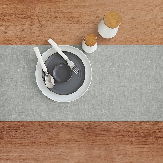 Solino Home Linen Table Runner 108 Inches Long - Athena, 100% Pure Linen Chambray Grey Table Runner 14 x 108 Inch for Dining, Fall, Autumn