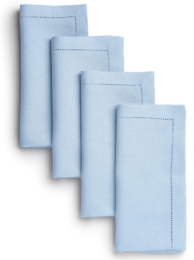 D'Moksha Homes Powder Blue Linen Napkins Set of 4 - Classic Hemstitch 100% Pure Linen Dinner Napkins Cloth 20 x 20 Inch for Winter, Christmas, Holiday - Handcrafted and Machine Washable
