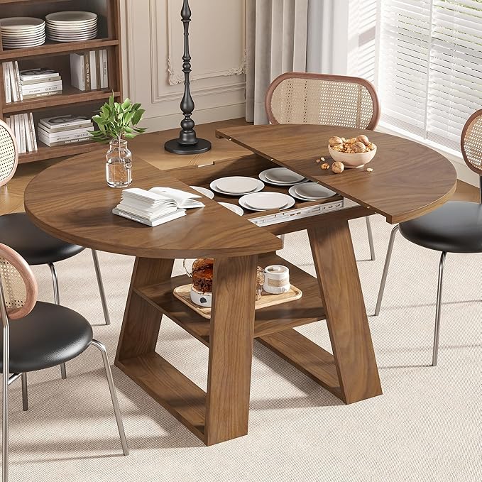 43.3in-59in Extendable Round Dining Table for 4-8, Modern Kitchen Oval Dining Table with Removable Leaves Space Saving, Wood Base with Storage Shelf for Kitchen Living Room, Walnut Style 2