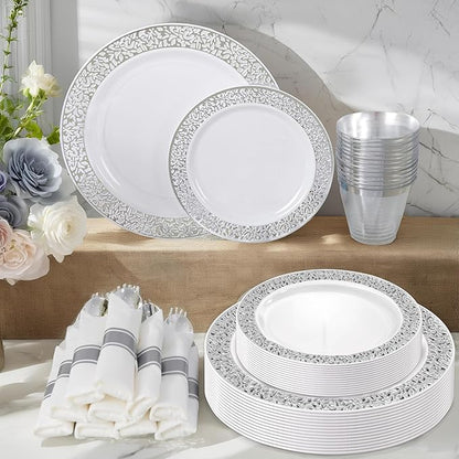 WELLIFE 700 Pieces Silver Disposable Plastic Dinnerware, Includes:100 Dinner Plates, 100 Dessert Plates, 100 Cups, 400 Pre Rolled Napkins with Silver Cutlery