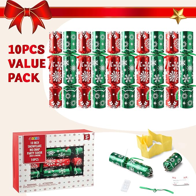 JOYIN 10 Pack Christmas Non-Snap Party Favor, Red & Green Snowflake Table Favor Includes Party Hat, Jokes & Gifts, Christmas Table Decorations for Holiday Dinner Traditions Party Supplies