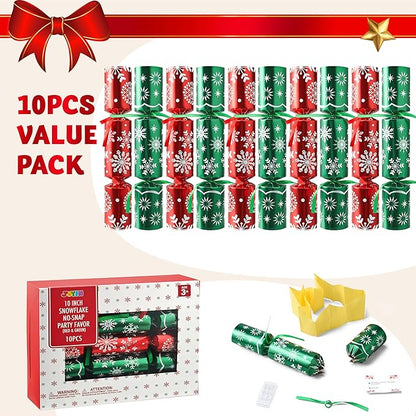 JOYIN 10 Pack Christmas Non-Snap Party Favor, Red & Green Snowflake Table Favor Includes Party Hat, Jokes & Gifts, Christmas Table Decorations for Holiday Dinner Traditions Party Supplies