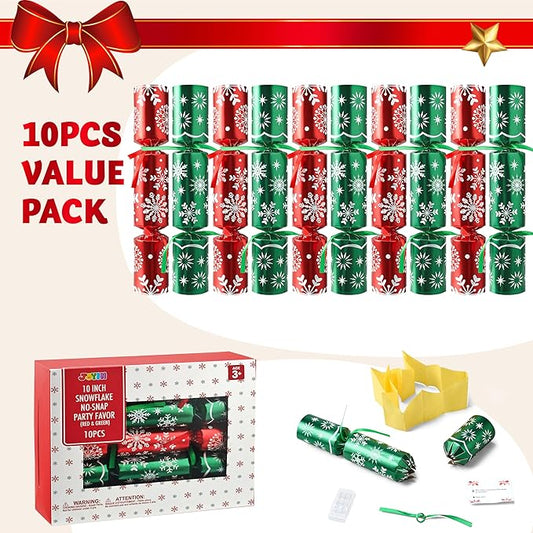 JOYIN 10 Pack Christmas Non-Snap Party Favor, Red & Green Snowflake Table Favor Includes Party Hat, Jokes & Gifts, Christmas Table Decorations for Holiday Dinner Traditions Party Supplies