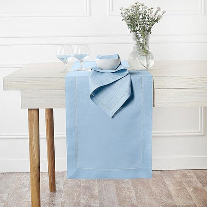 D'Moksha Homes Linen Powder Blue Table Runner 36 Inches - 100% Pure Linen Small Table Runner 14 x 36 Inch Ideal for Dresser, Coffee Tables, Christmas, Holiday - Classic Hemstitch
