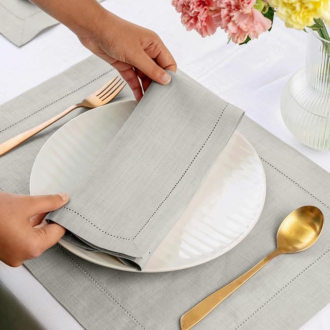 D'Moksha Homes Silver Grey Linen Napkins Set of 8 - Classic Hemstitch 100% Pure Linen Dinner Napkins Cloth 20 x 20 Inch for Winter, Christmas, Holiday - Handcrafted and Machine Washable