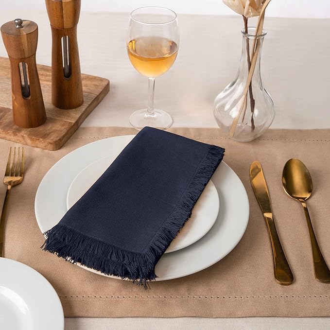 Blue Needles Handmade Cotton Linen Cloth Napkins with Fringes - Set of 6 Navy Blue Dinner Table Napkins 18x18 Inch Hemmed Edges Washable, Soft, Reusable, Perfect for Fall Thanksgiving & Family Dinner