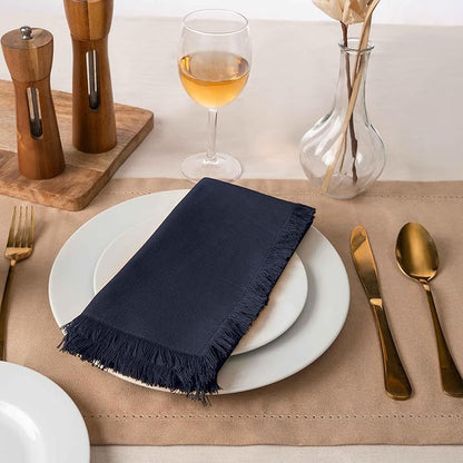 Blue Needles Handmade Cotton Linen Cloth Napkins with Fringes - Set of 6 Navy Blue Dinner Table Napkins 18x18 Inch Hemmed Edges Washable, Soft, Reusable, Perfect for Fall Thanksgiving & Family Dinner