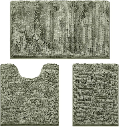 HOMEIDEAS 3 Pieces Bathroom Rugs, Ultra Soft Non Slip Absorbent Chenille Toilet Bath Mat Set (Sage Green)