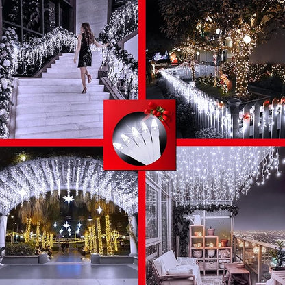 792 LED Christmas Outdoor Lights with 176 Drops, 82ft Hanging Curtain Lights 8 Modes, Christmas Fairy Lighs with Timer & Memory for House Roof Holiday Wedding Holiday Decor (Cool White)