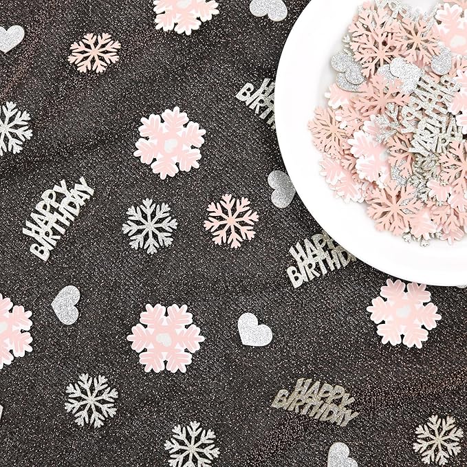 Pink Snowflake Birthday Confetti for Table – 200PC Glitter Heart Snowflakes Table Scatter for Girl Winter Wonderland Birthday Decorations