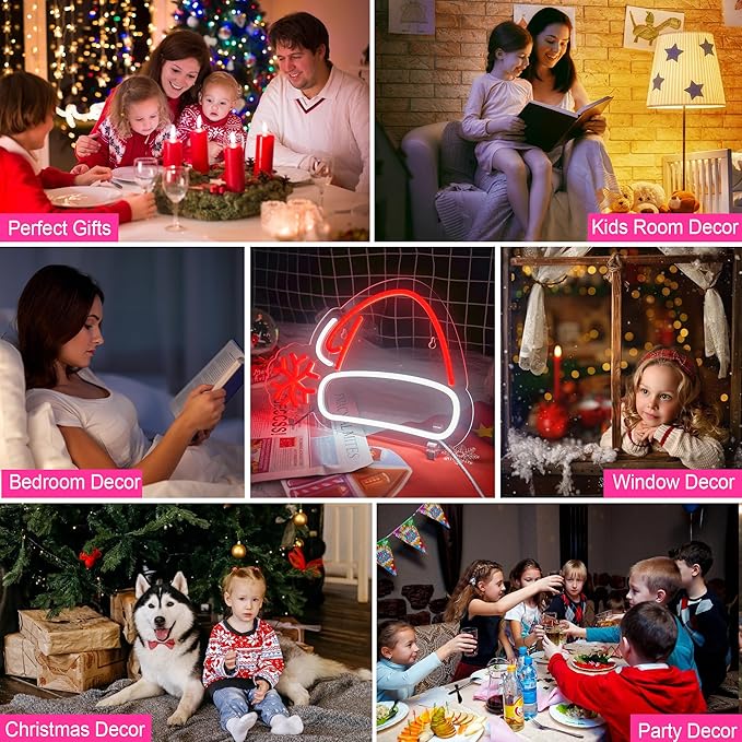 Christmas Hat Neon Sign, Red & White USB Plastic LED Light, Modern Holiday Decorative Signage for Wall Decor, Dimmable Christmas Decorations