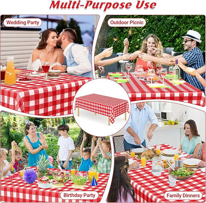 12Pack 54" x 108" Table Cloth Rectangle Table, Waterproof Plastic Table Cloth Ddisposable, Red and White Checkered Tablecloth Table Cover for Outdoor Picnic Birthday Party Gathering BBQ Holiday Dinner