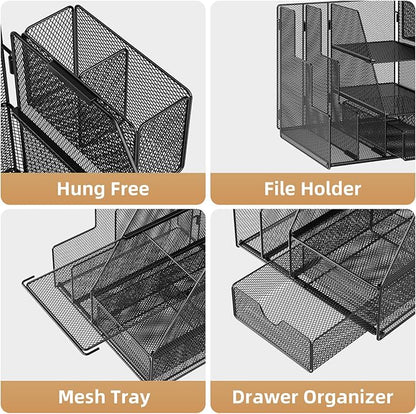 Marbrasse Desk Organizer and Accessories, 3-Tier File Organizer with Drawer and Pen Holder, Small Desktop Organizer and Storage for Workspace Office Supplies Black