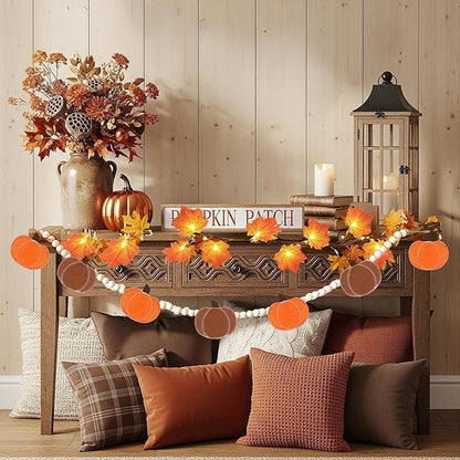 2 Pcs Fall Decorations for Home Felt Pumpkin & Wood Bead Garlands with Maple Leaf Lights for Mantel Ideal for Fall Thanksgiving Halloween and Holiday Decor