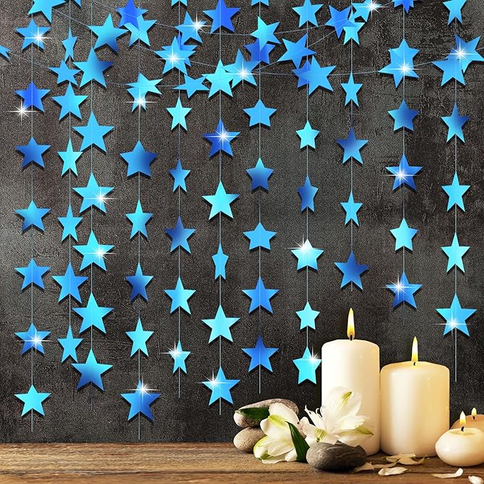 Patelai Glitter Star Garland Banner Christmas Decor 130 Feet Star Hanging Bunting Banner Twinkle Backdrop for Homecoming Classroom Wedding Birthday Halloween Party Supplies(Holographic Blue)