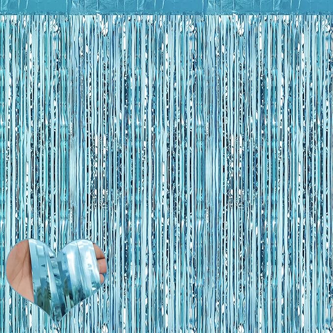 4 Pack Light Blue Fringe Curtain Backdrop, 3.2Ft x 8.2Ft Metallic Tinsel Foil Fringe Streamers Curtains Background for Photo Booth Birthday Wedding Party Thanksgiving Christmas Decorations New