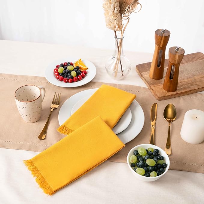 Blue Needles Handmade Cotton Linen Cloth Napkins with Fringes - Set of 6 Golden Yellow Dinner Table Napkins 18x18 Inch Hemmed Edges Washable Soft Reusable Perfect for Fall Thanksgiving & Family Dinner