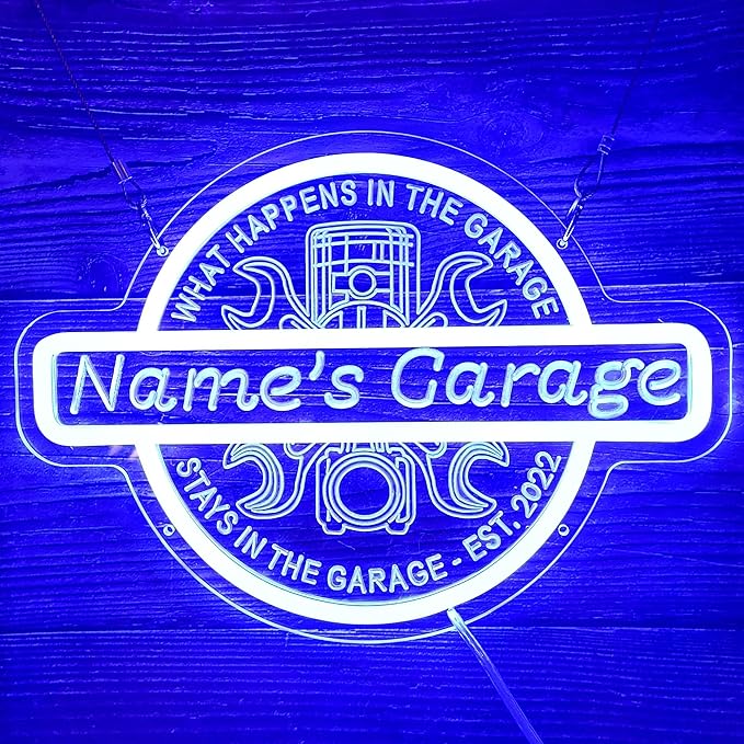 Custom Name Garage LED Neon Sign for Men Dad, Personalized Garage 3D Art Sign, Customizable Workshop Man Cave Acrylic Neon Light for Gift, Garage Light Up Sign for Wall Decor