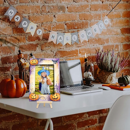Halloween Picture Frame, 4×6 Pumpkin Wooden Photo Frame for Home Decor Tabletop Display, Vintage Castle Gifts for Family Friends - A01