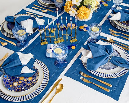 Solino Home Linen Indigo Blue Table Runner 72 Inches Long - 100% Pure Linen Hemstitch Table Runner 14 x 72 Inch for Dresser, Dining, Fall, Autumn, Winter, Christmas, New Year - Classic Hemstitch