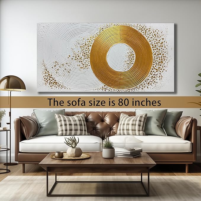 Abstract Circle Hand Painted Wall Art for Office White and Gold Pictures Wall Decor for Bedroom Extra Large Wall Art for Living Room Size 36 x 72 Inch