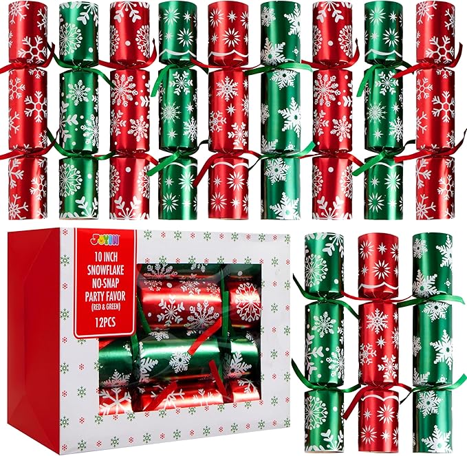 JOYIN 12 Pack Christmas Non-Snap Party Favor, Red & Green Snowflake Party Table Favor Includes Party Hat, Jokes & Gifts, Xmas Gifts Prizes for Christmas Holiday Dinner Traditions Supplies