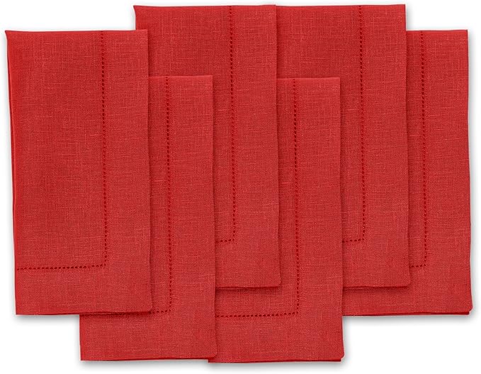 Solino Home Red Linen Napkins Set of 6-100% Pure Linen Hemstitch Dinner Napkins 20 x 20 Inch for Christmas, Holiday, Winter, New Year - Classic Hemstitch