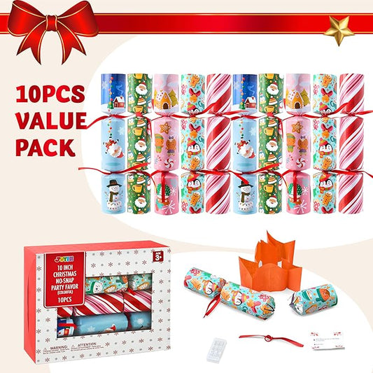 JOYIN 10 Pack Christmas No-Snap Party Favor, Xmas Table Favor Includes Party Hat, Jokes & Gifts, Christmas Table Decorations for Holiday Dinner Traditions Party Supplies, Stocking Stuffers for Kids