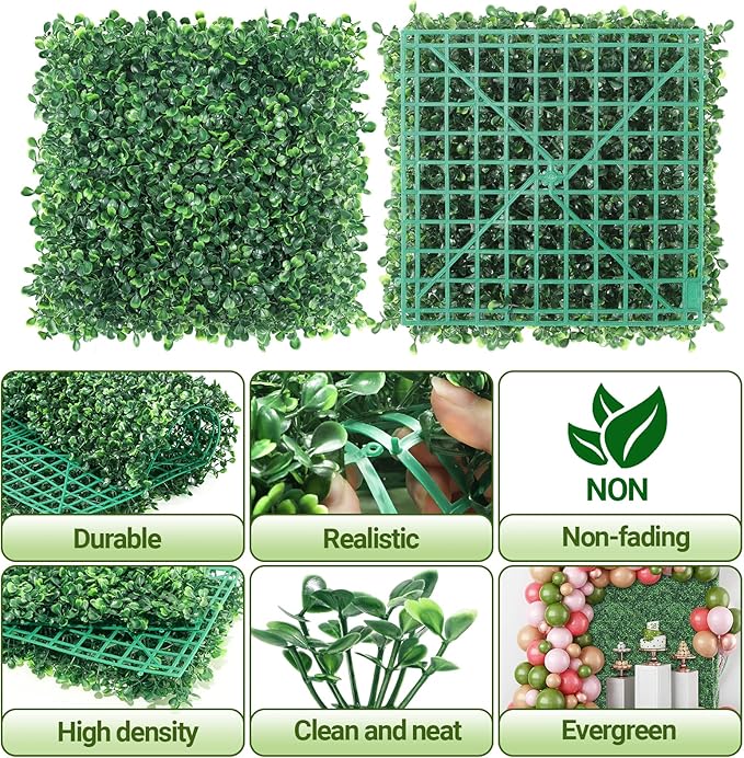 ZXMOTO 10" x 10" Artificial Boxwood Hedge Panels 24PCS Faux Greenery Wall Privacy Hedge Screen, Grass Wall Decoration Faux Greenery Wall Panel for Indoor Outdoor Garden Backyard Home Decor