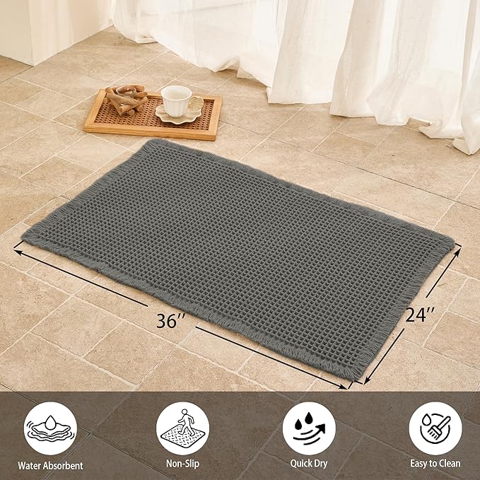 Waffle Bath Mat Non Slip, Boho Bathroom Rug, Super Absorbent Quick Dry Bathroom Mat, Soft Farmhouse Bath Rug with Tassels, Small Washable Shower Mats for Floor 24"x36", Dark Grey