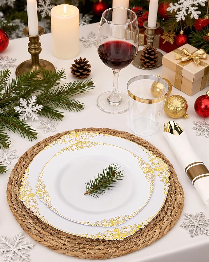 Nervure 175PCS White and Gold Plastic Plates - Disposable Dinnerware Set Include 50 Gold Plates for Dinner and Dessert, 75 Cutlery, 25Cups 25Napkins for Wedding & Party & Thanksgiving