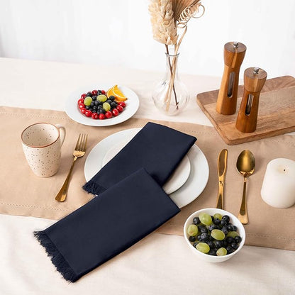 Blue Needles Handmade Cotton Linen Cloth Napkins with Fringes - Set of 6 Navy Blue Dinner Table Napkins 18x18 Inch Hemmed Edges Washable, Soft, Reusable, Perfect for Fall Thanksgiving & Family Dinner