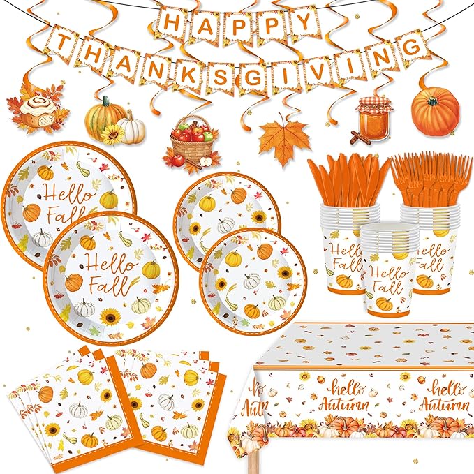 123PCS Autumn Party Supplies for Thanksgiving Themed Fall Pumpkin Decoration Tableware Set with Tablecloth and Banner Leaves Harvest Dessert Plates Napkins Cups Hanging Swirl Set for 20 Guests