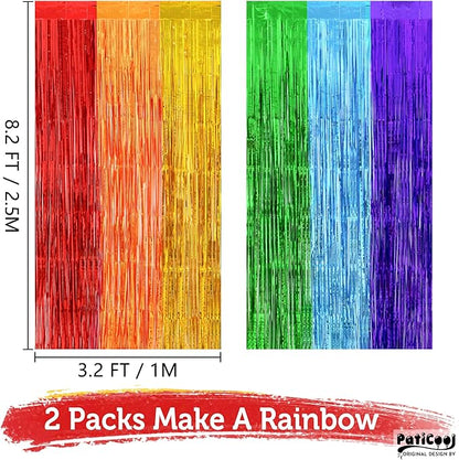 Rainbow Birthday Party Decorations, Rainbow Streamers Tinsel Foil Fringe Curtains - Thicken 2 Pack 3.2 x 8.2 FT - Photo Booth Props Backdrops for Fiesta, Mexican, Pride, Baby Shower Decorations