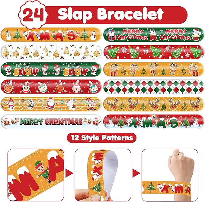 72PCS Christmas Party Favors Set - 48 Christmas Tattoos + 24 Slap Bracelets | Fun Xmas Gifts for Kids Boys Girls | Classroom Rewards, School Prizes, Holiday Goodie Bag Toys