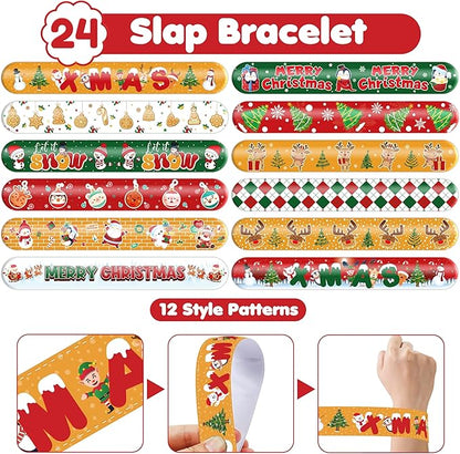 72PCS Christmas Party Favors Set - 48 Christmas Tattoos + 24 Slap Bracelets | Fun Xmas Gifts for Kids Boys Girls | Classroom Rewards, School Prizes, Holiday Goodie Bag Toys