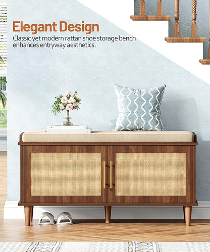 Rattan Shoe Storage Bench with Cushion, 2-Tier Entryway Bench with Adjustable Shelves and 2 Doors, 15" D x 39.4" W x 20" H, Solid Wood Legs, for Hallway, Living Room, Bedroom, Walnut