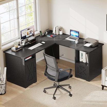 YITAHOME L Shaped Desk with Power Outlets, 60 Inch Computer Desk Corner Desk with File Drawer, Home Office Desk with Monitor Stand & Storage Shelves, L-Shaped Desk with File Cabinet, Black
