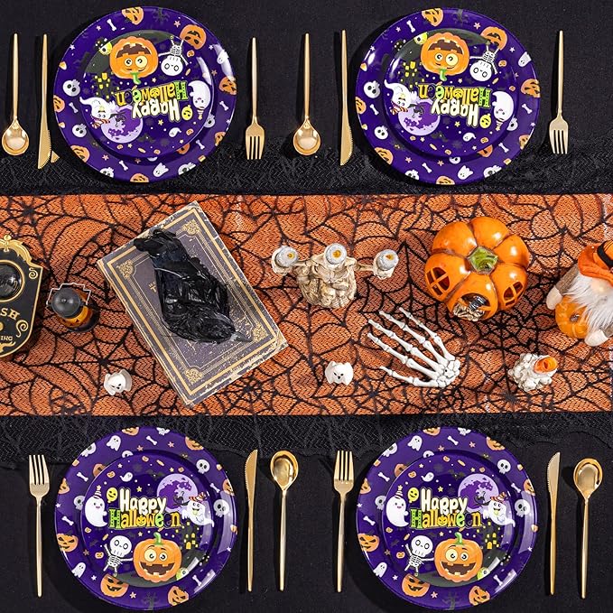 U-QE 20Pcs Halloween Plastic Plates - Cute Ghost and Pumpkins Design - Purple Plastic Plates Includes 10 10.25" Dinner & 10 7.5" Salad Plate - Perfect for Halloween Party, Ghost Party