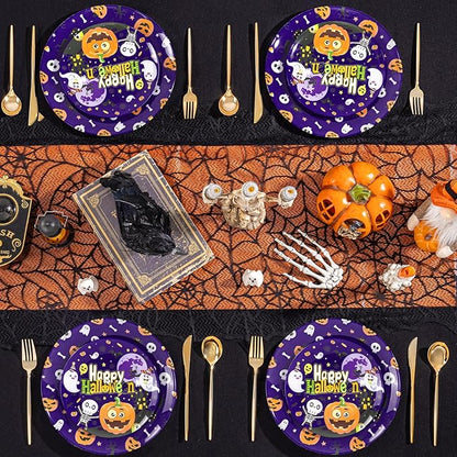 U-QE 20Pcs Halloween Plastic Plates - Cute Ghost and Pumpkins Design - Purple Plastic Plates Includes 10 10.25" Dinner & 10 7.5" Salad Plate - Perfect for Halloween Party, Ghost Party