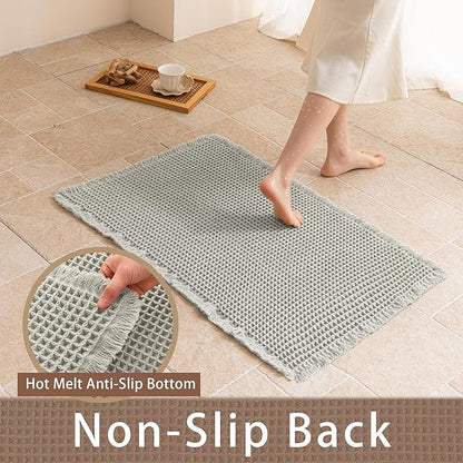 Waffle Bath Mat Non Slip, Boho Bathroom Rug, Super Absorbent Quick Dry Bathroom Mat, Soft Farmhouse Bath Rug with Tassels, Small Washable Shower Mats for Floor 24"x36", Light Grey