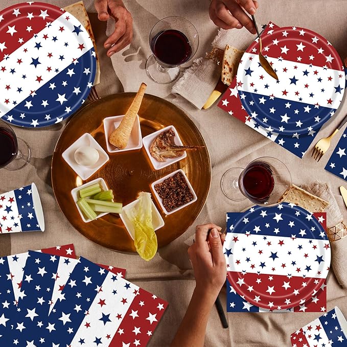 140Pcs Independence Day Party Supplies 4th of July Party Decorations Plates and Napkins Patriotic Memorial Day Party Decor Star Print Paper Plates, Serve for 20