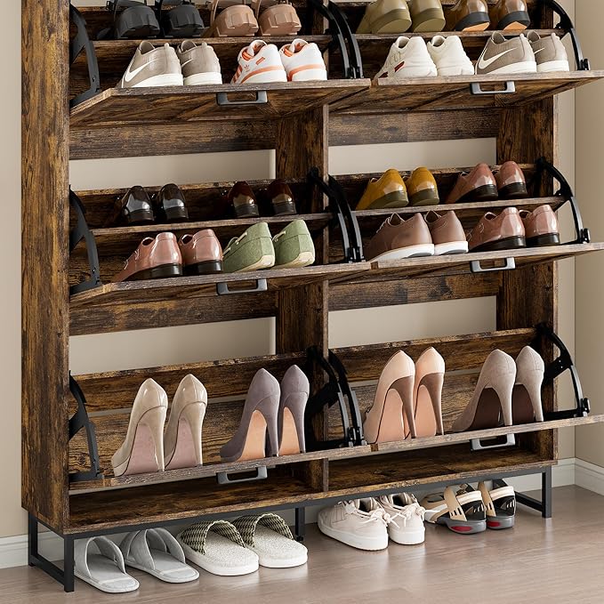 Shoe Cabinet with 6 Flip Drawers Narrow Shoe Storage Cabinet Organizer Wooden Freestanding Shoe Rack Hidden Slim Shoes Storage Cabinet for Entryway, Hallway, Living Room, Bedroom